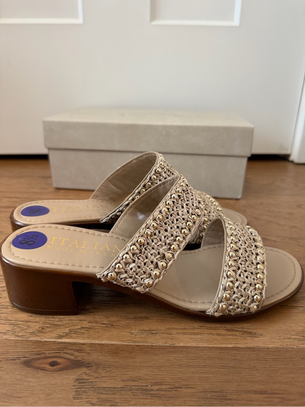 Italian Shoemakers Cream Woven Two‑Band Slide Sandals with Gold Studs - Picture 3 of 4